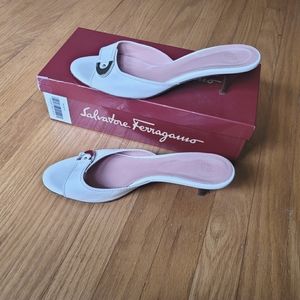 Bally bone-colored sandals, 9.5, kitten heels, gently used.